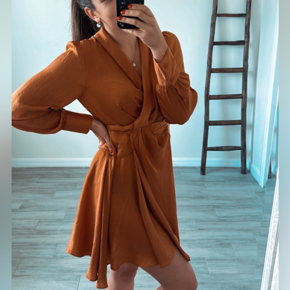 Johnny Becca Rust Orange Camel Satin Wrap Dress